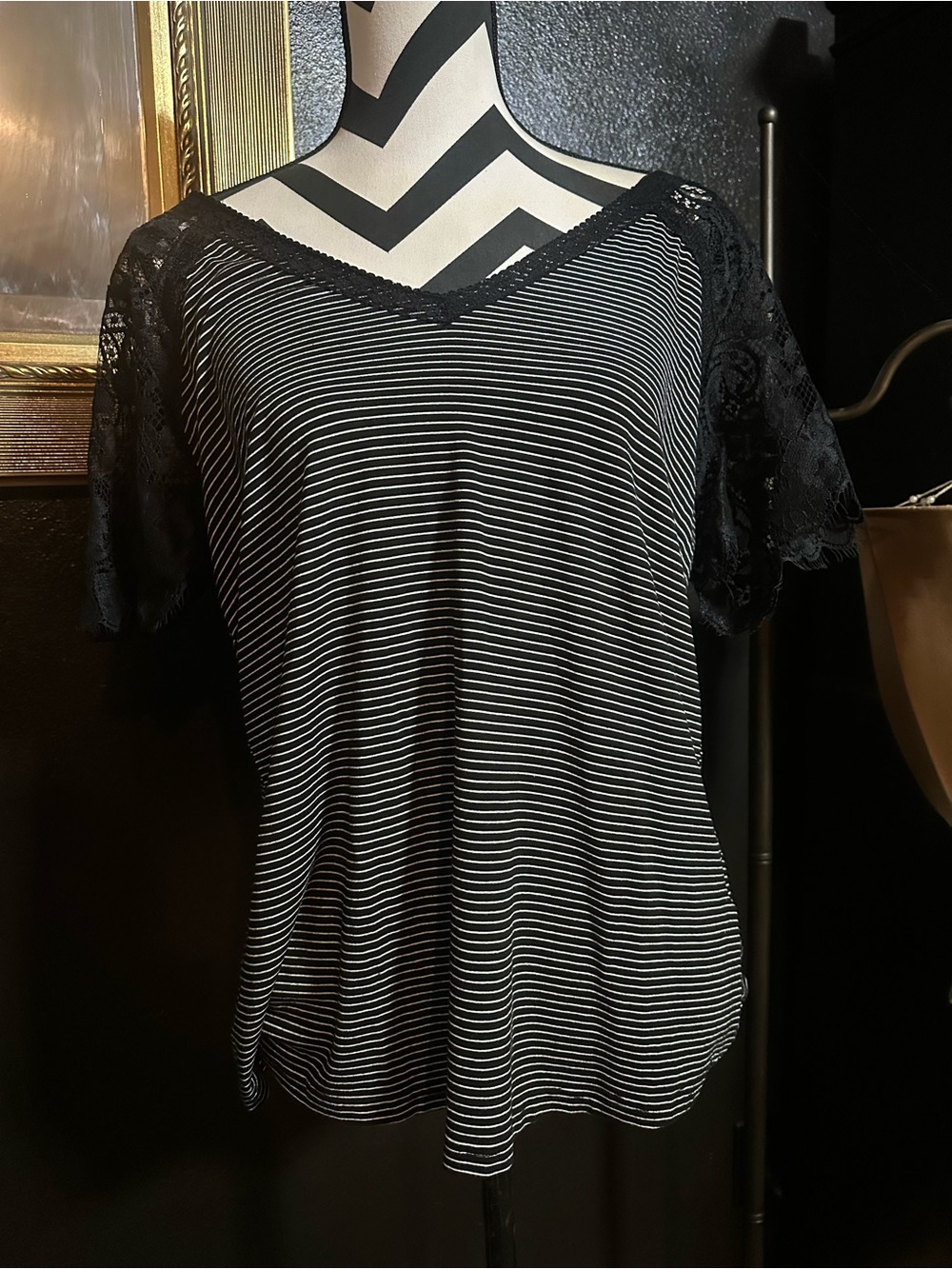 Black & White Striped V-Neck Top with Lace Short Sleeves